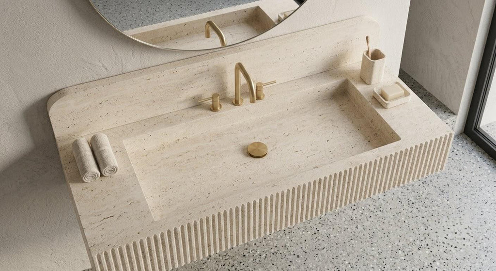Travertine Wall Mounted Sink, Fluted Rectangular Stone Basin, Luxury Bathroom Vanity