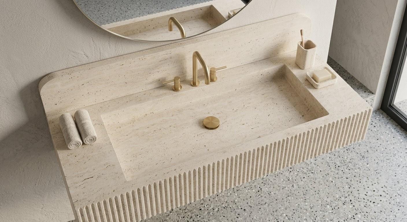 Travertine Wall Mounted Sink, Fluted Rectangular Stone Basin, Luxury Bathroom Vanity