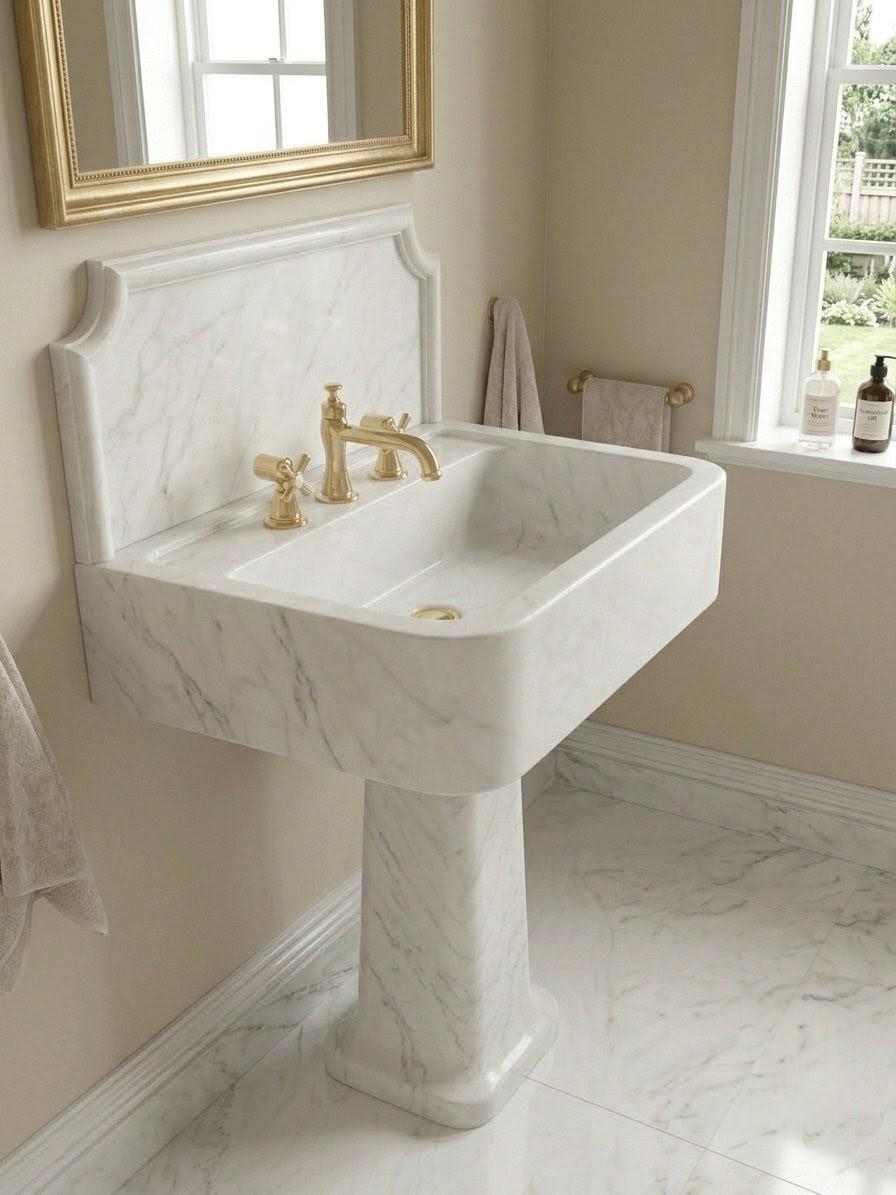Solid White Marble Pedestal Sink with Backsplash, Luxury Freestanding Basin