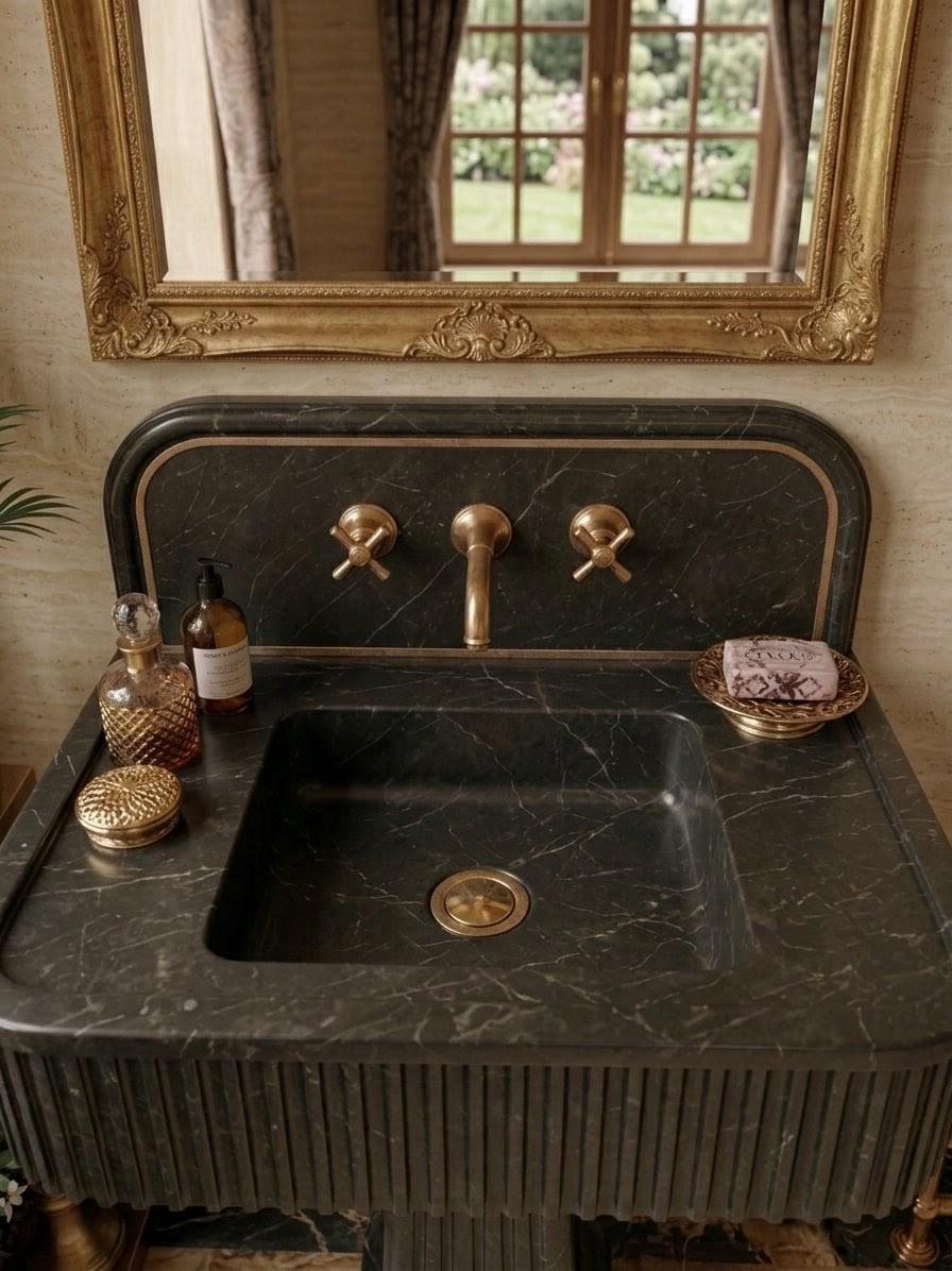Fluted Black Marble Pedestal Sink, Nero Marquina Style Basin, Wall Mount Vanity (Powder Room)
