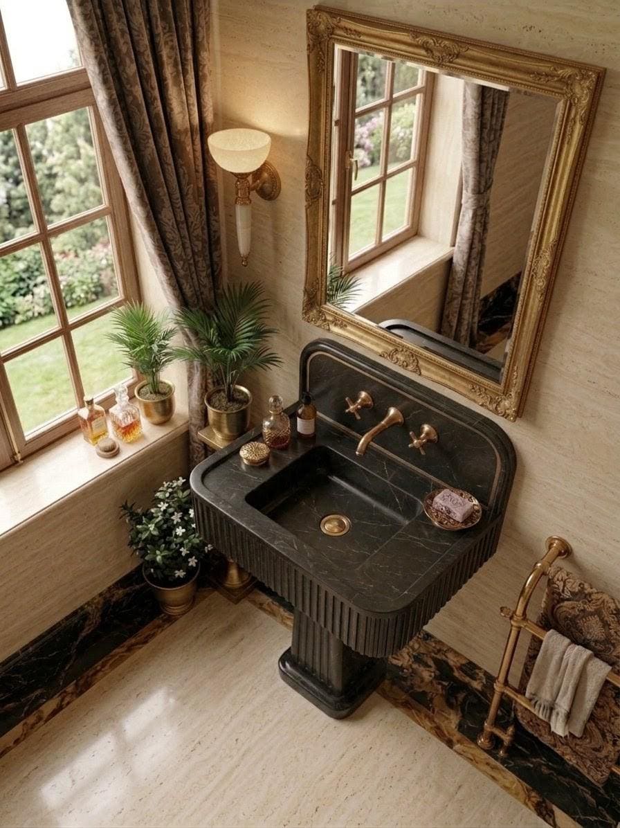 Fluted Black Marble Pedestal Sink, Nero Marquina Style Basin, Wall Mount Vanity (Powder Room)
