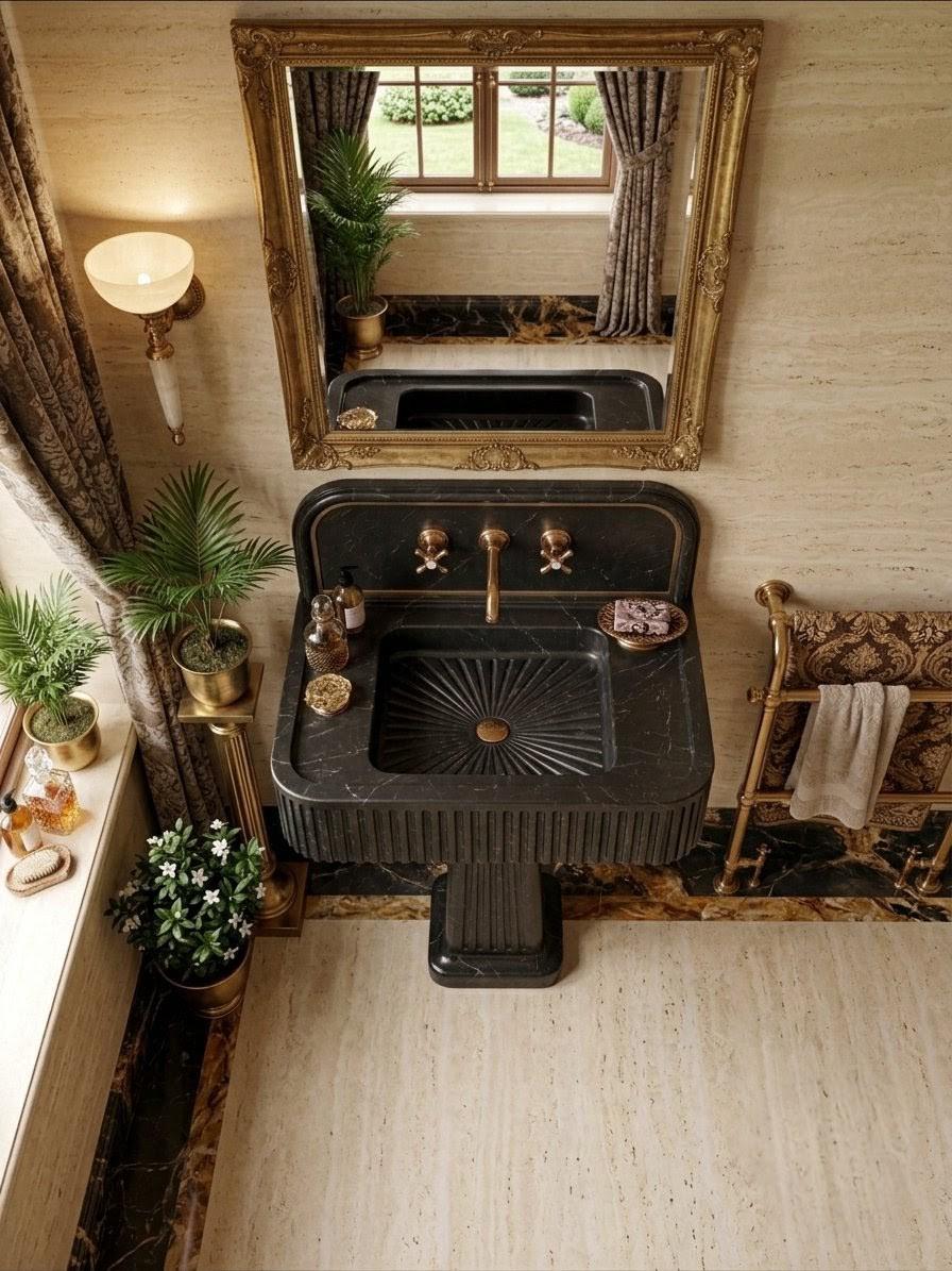 Fluted Black Marble Pedestal Sink, Nero Marquina Style Basin, Wall Mount Vanity (Powder Room)