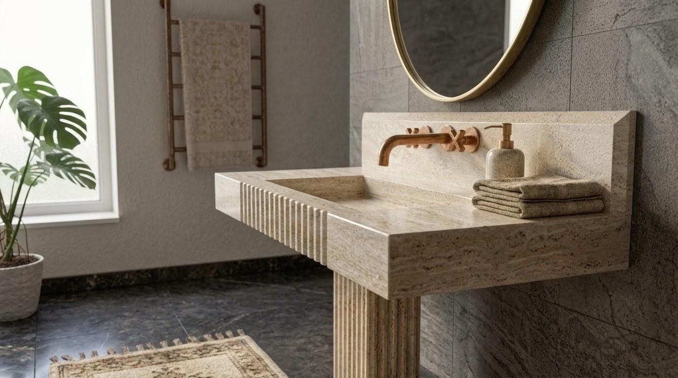 Fluted Travertine Pedestal Sink, Hand-Carved Natural Stone Washbasin, Modern Powder Room Basin