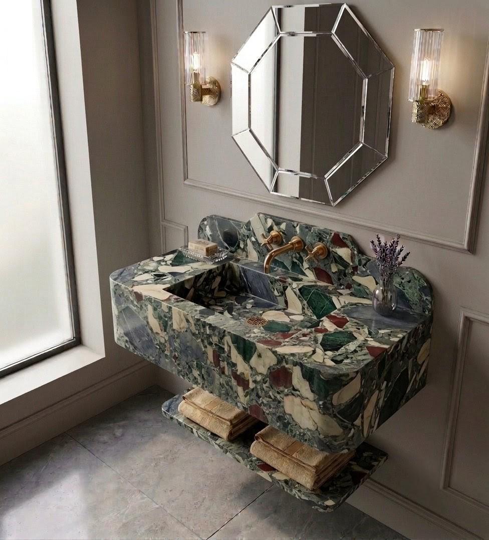 Breccia Medicea Marble Sink, Wall Mount Floating Vanity with Shelf