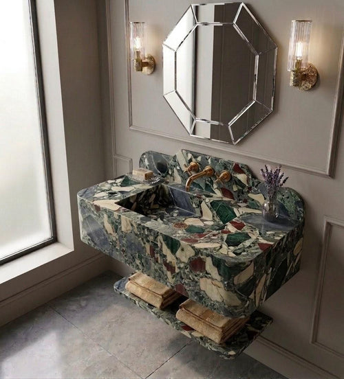 Breccia Medicea Marble Sink, Wall Mount Floating Vanity with Shelf