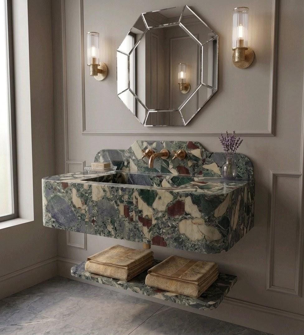 Breccia Medicea Marble Sink, Wall Mount Floating Vanity with Shelf