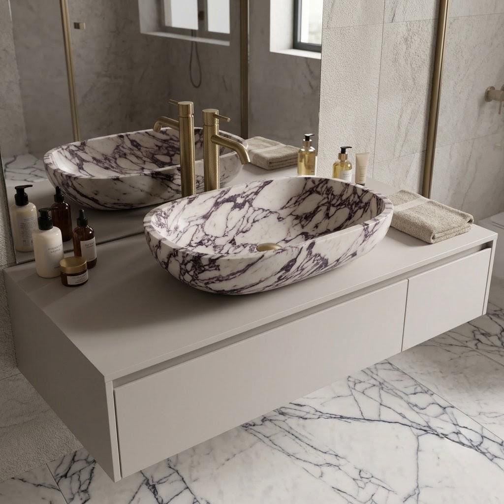 Calacatta Viola Marble Oval Vessel Sink, Handcrafted Natural Stone Bathroom Basin
