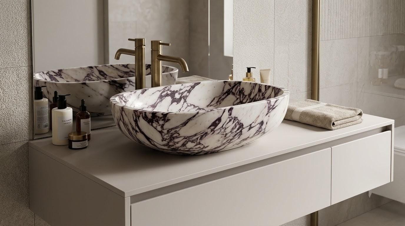 Calacatta Viola Marble Oval Vessel Sink, Handcrafted Natural Stone Bathroom Basin