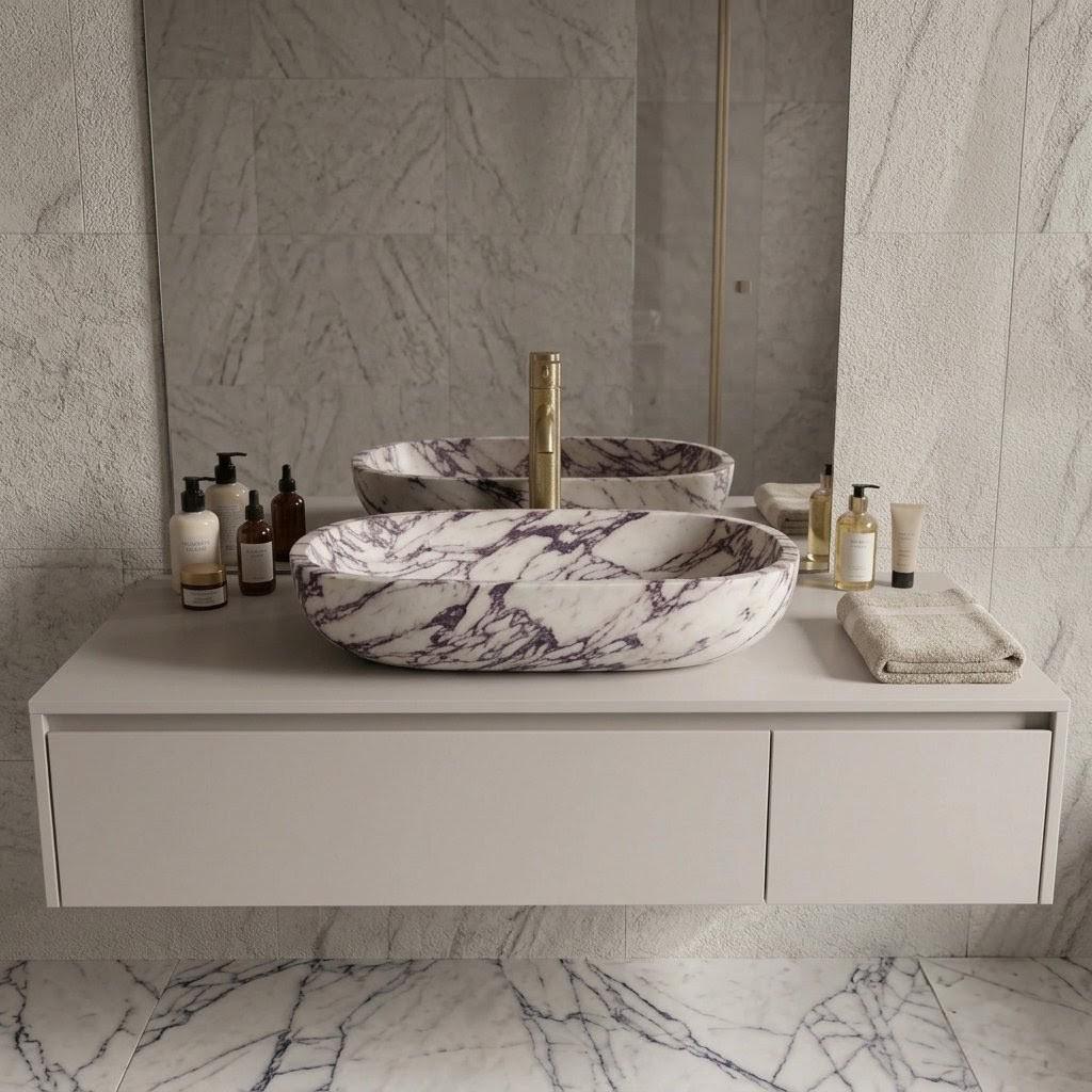 Calacatta Viola Marble Oval Vessel Sink, Handcrafted Natural Stone Bathroom Basin