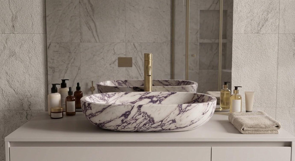 Calacatta Viola Marble Oval Vessel Sink, Handcrafted Natural Stone Bathroom Basin
