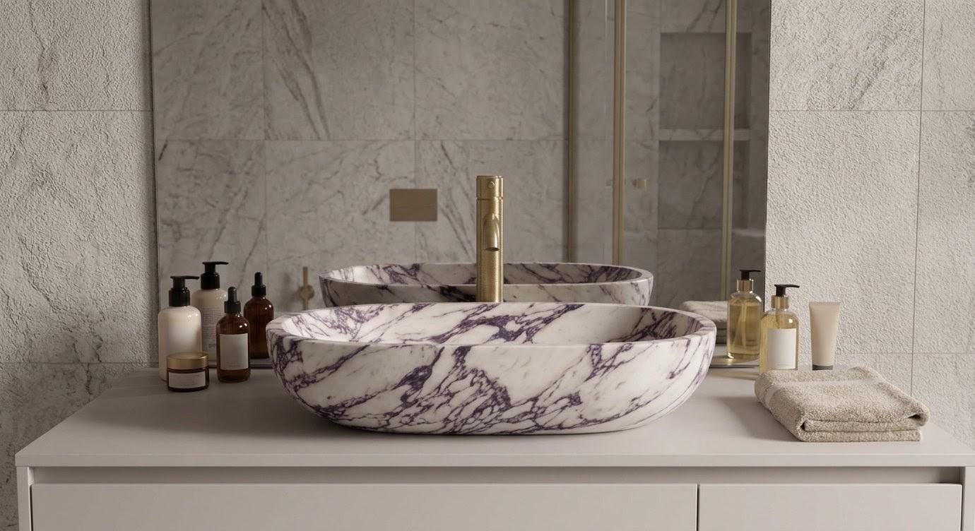 Calacatta Viola Marble Oval Vessel Sink, Handcrafted Natural Stone Bathroom Basin