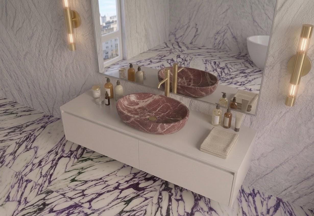 Rosso Levanto Marble Vessel Sink | Handcrafted Red Natural Stone Bathroom Basin Oval Vanity Counter