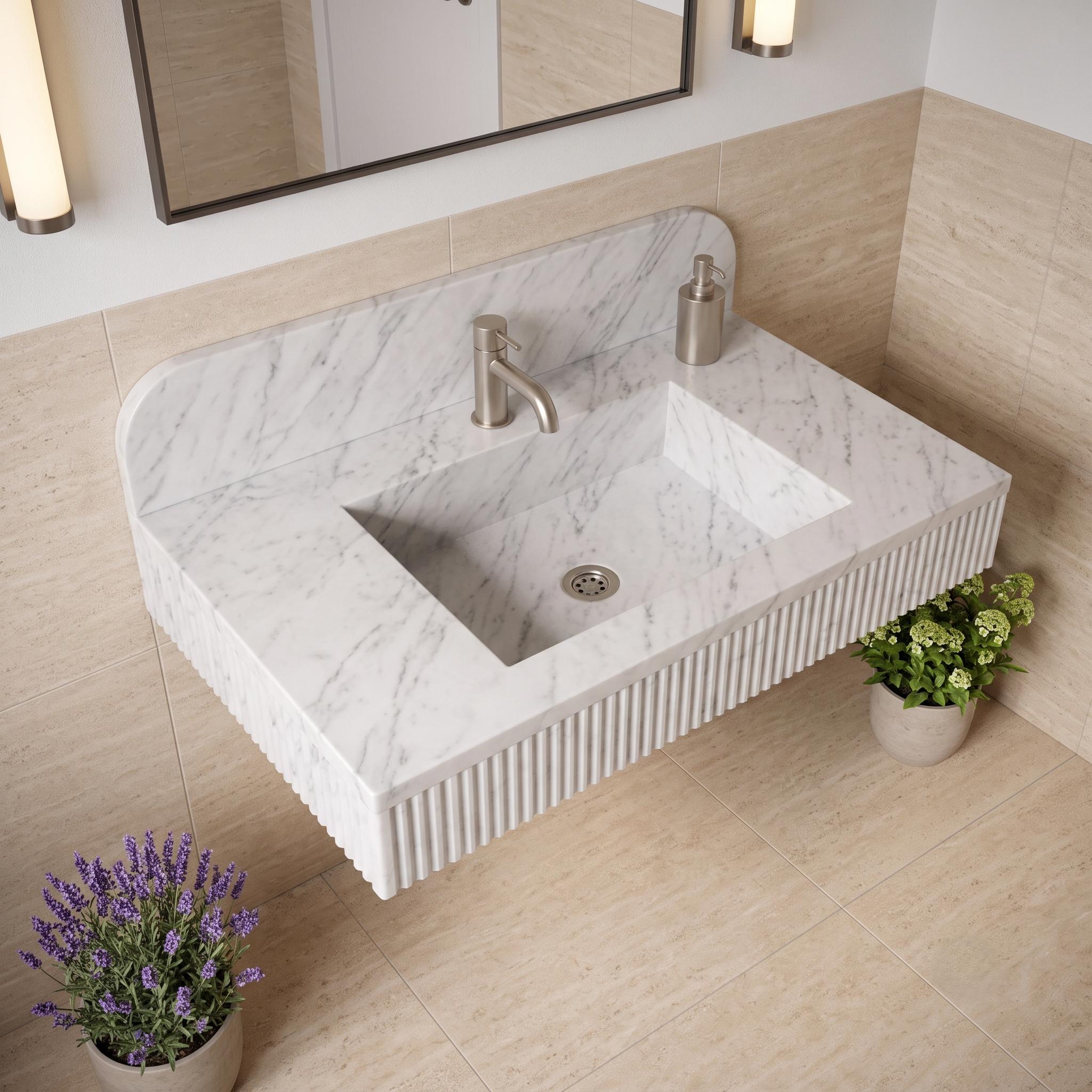 Handcrafted Carrara Marble Wall Mounted Sink, Fluted Floating Vanity Basin