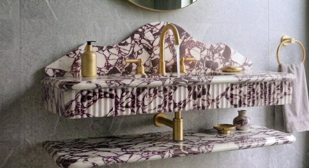 Calacatta Viola Marble Sink, Fluted Floating Vanity, Ribbed Handcrafted Basin