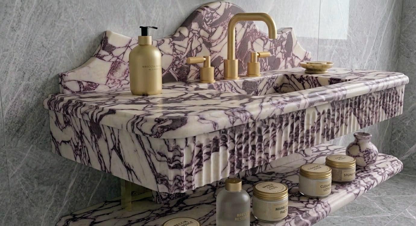 Calacatta Viola Marble Sink, Fluted Floating Vanity, Ribbed Handcrafted Basin