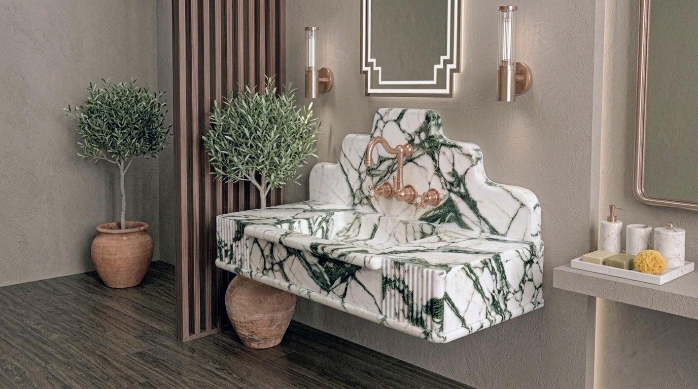 Calacatta Green Marble Vessel Sink: Handcrafted Natural Stone Washbasin for Luxury Bathrooms