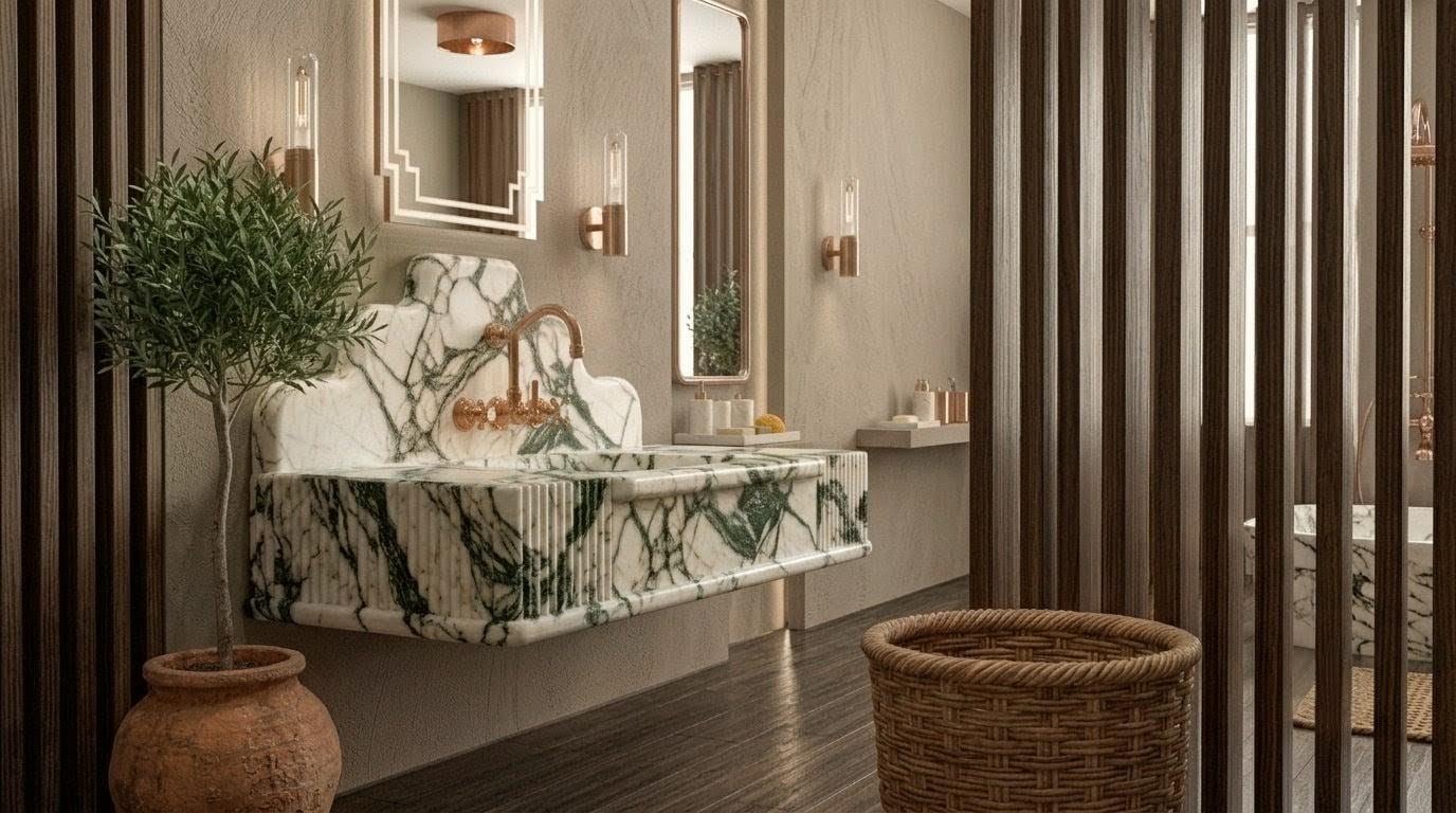 Calacatta Green Marble Vessel Sink: Handcrafted Natural Stone Washbasin for Luxury Bathrooms