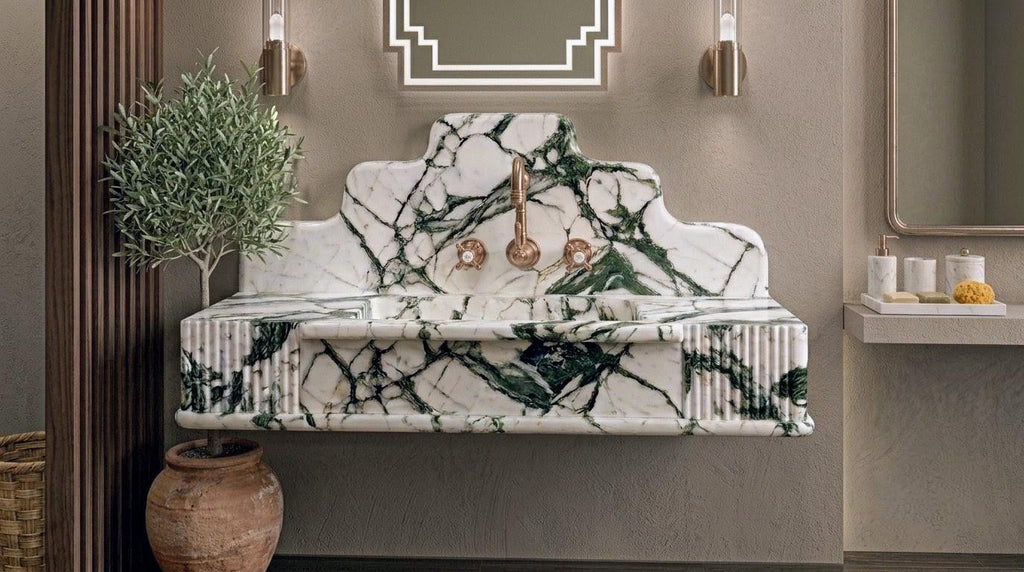 Calacatta Green Marble Vessel Sink: Handcrafted Natural Stone Washbasin for Luxury Bathrooms
