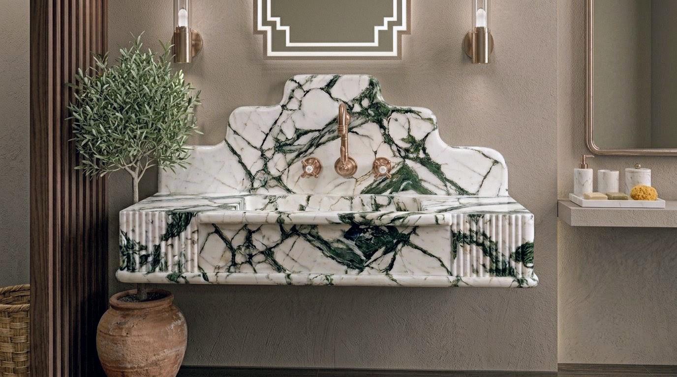 Calacatta Green Marble Vessel Sink: Handcrafted Natural Stone Washbasin for Luxury Bathrooms