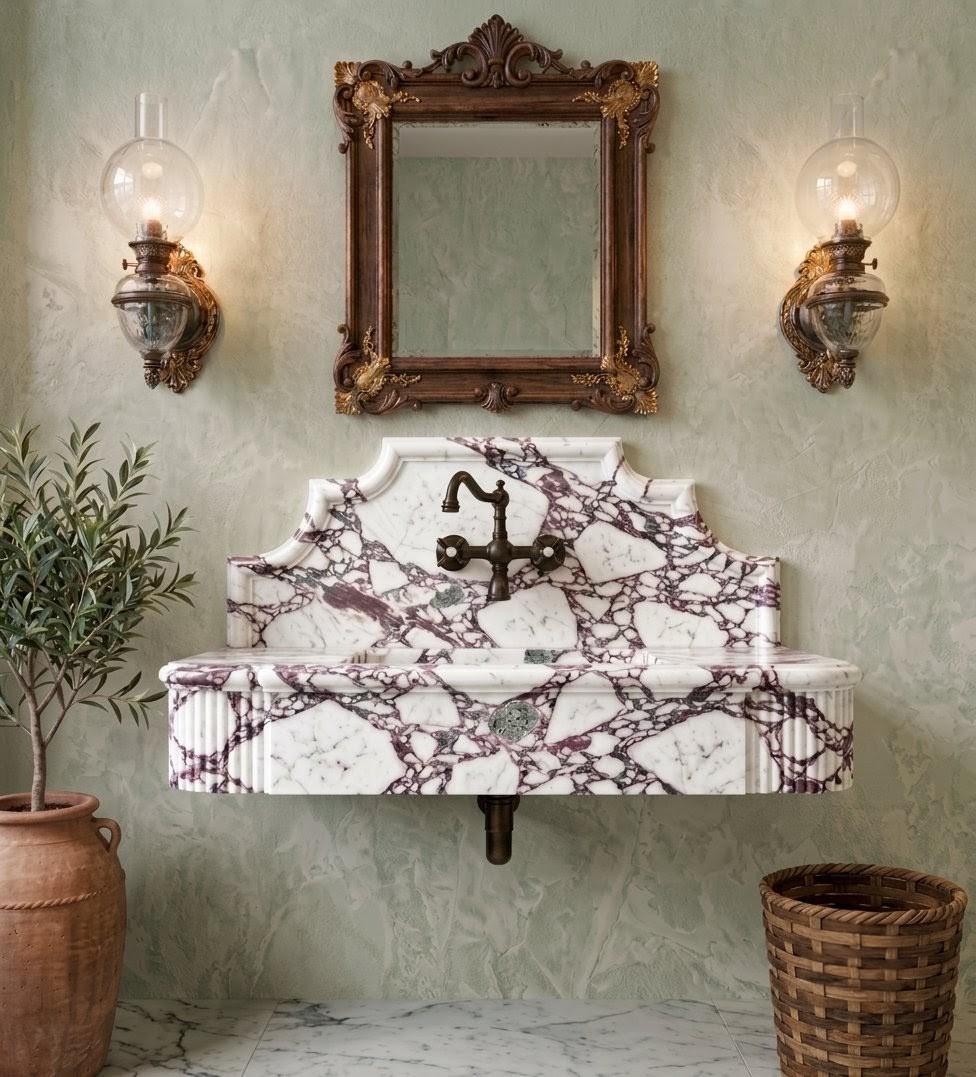 Calacatta Viola Marble Sink with Fluted Backsplash, Handcrafted Floating Vanity Basin