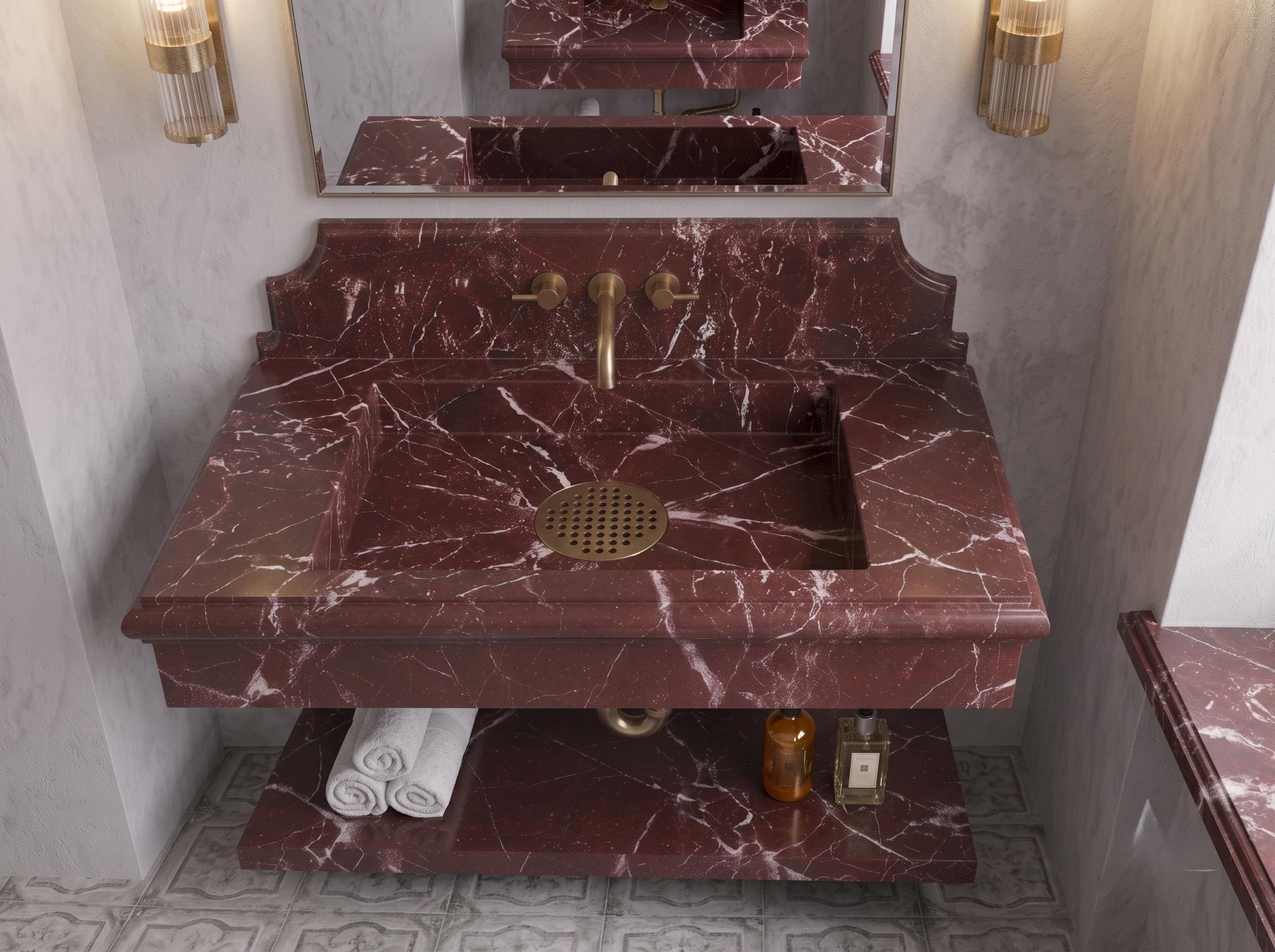 Burgundy Marble Sink, Fluted Floating Vanity, Wall Mounted Washbasin