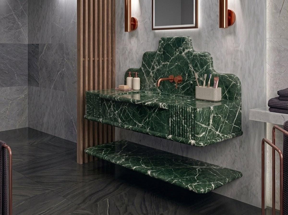 Green Marble Sink, Fluted Front Floating Vanity, Handcrafted Green Stone Washbasin