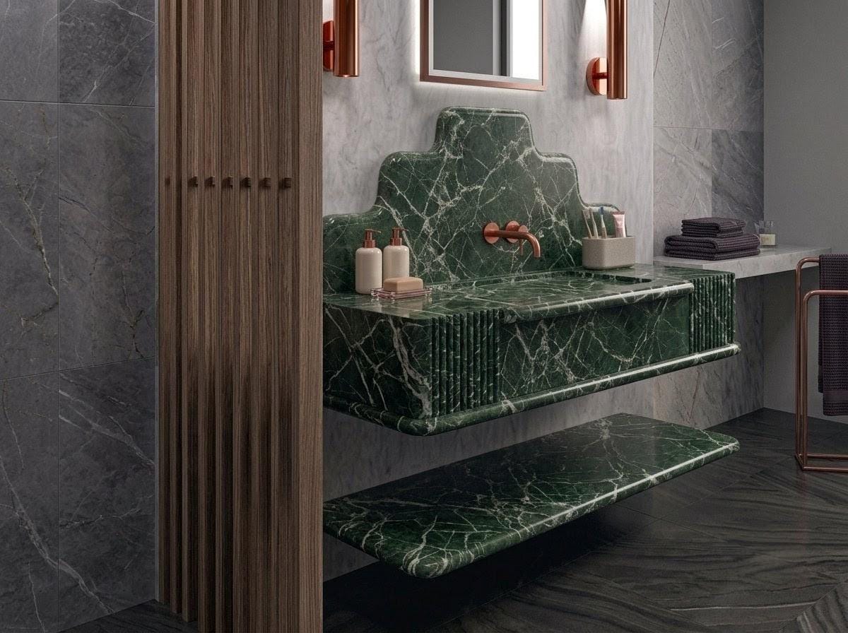 Green Marble Sink, Fluted Front Floating Vanity, Handcrafted Green Stone Washbasin