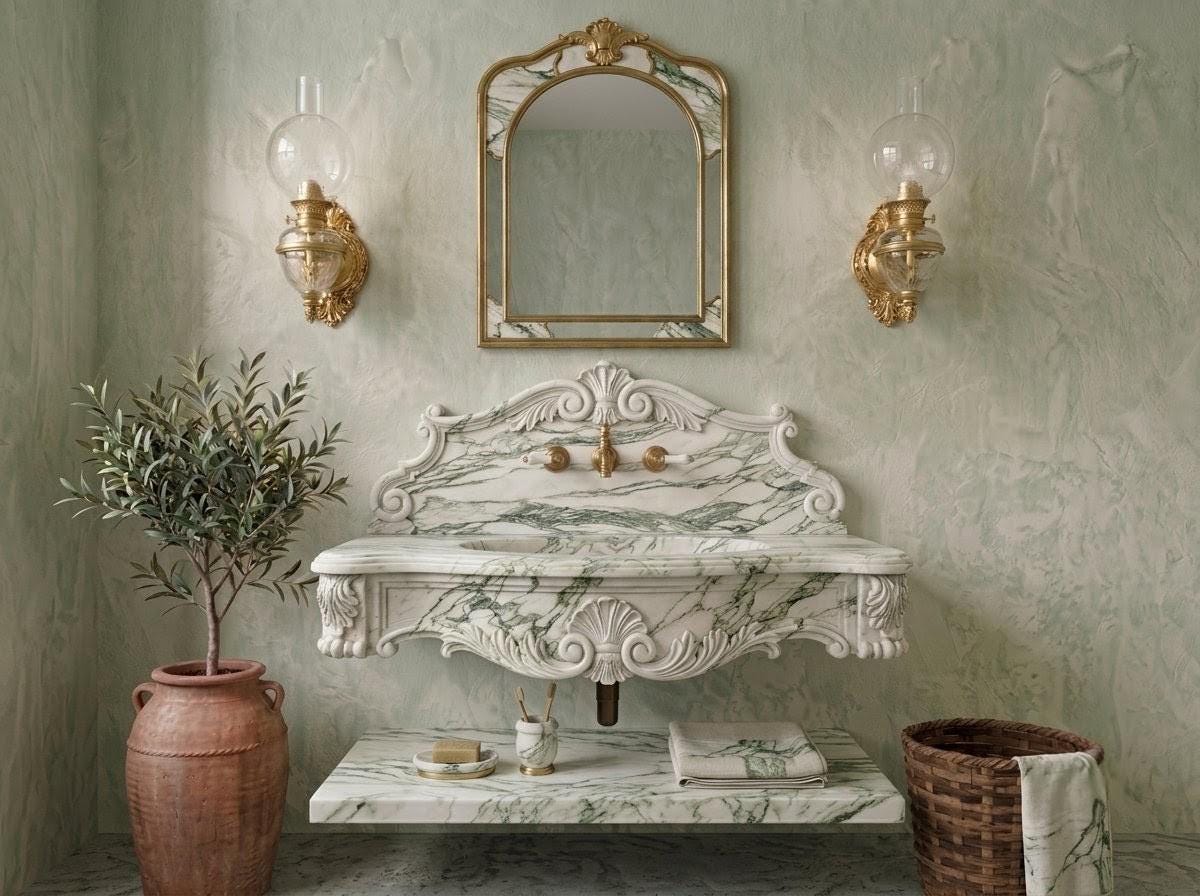 Hand-Carved Green Marble Sink, Vintage Calacatta Wall Mount Vanity Washbasin