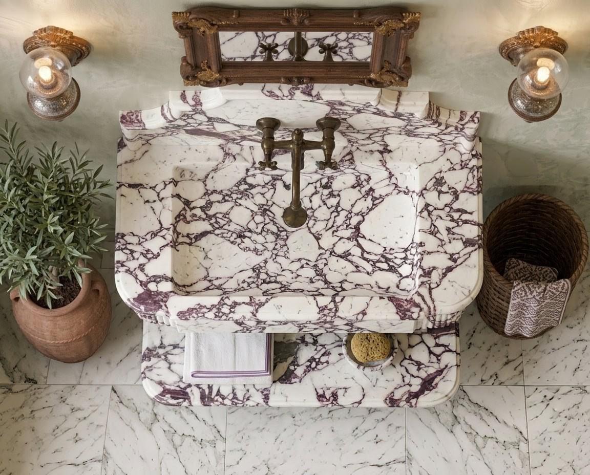 Calacatta Viola Marble Sink with Fluted Backsplash, Handcrafted Floating Vanity Basin