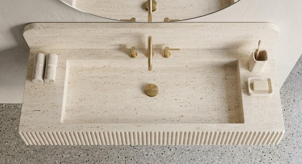 Travertine Wall Mounted Sink, Fluted Rectangular Stone Basin, Luxury Bathroom Vanity