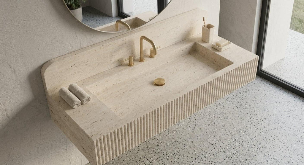 Travertine Wall Mounted Sink, Fluted Rectangular Stone Basin, Luxury Bathroom Vanity
