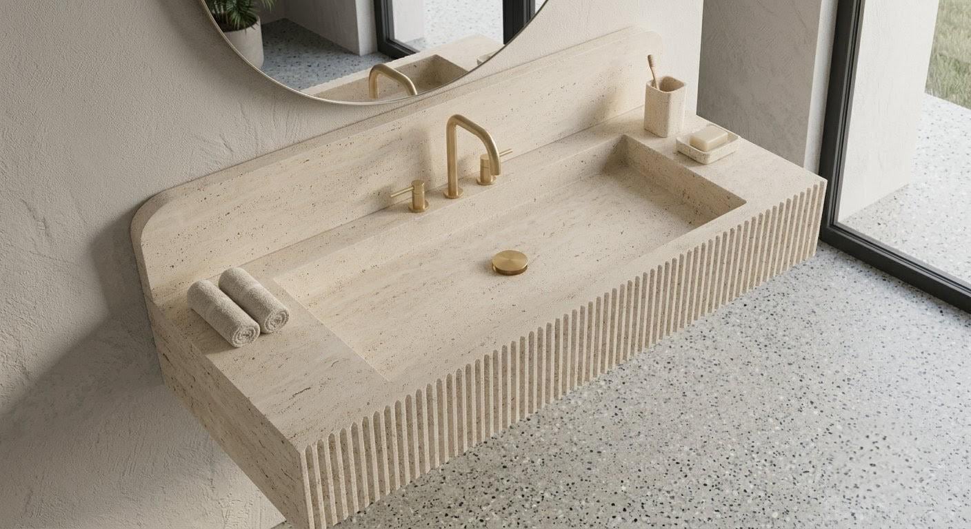 Travertine Wall Mounted Sink, Fluted Rectangular Stone Basin, Luxury Bathroom Vanity