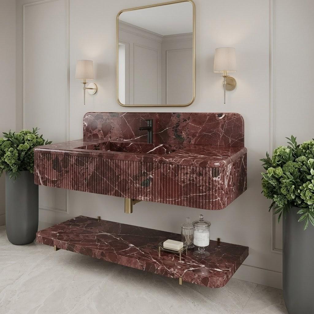 Burgundy Marble Fluted Wall Mounted Sink, Burgundy Floating Basin Backsplash