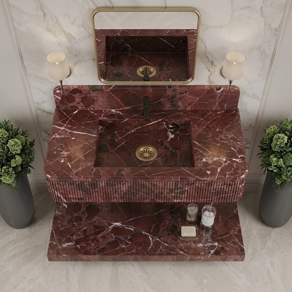 Burgundy Marble Fluted Wall Mounted Sink, Burgundy Floating Basin Backsplash