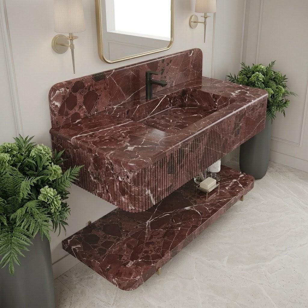 Burgundy Marble Fluted Wall Mounted Sink, Burgundy Floating Basin Backsplash