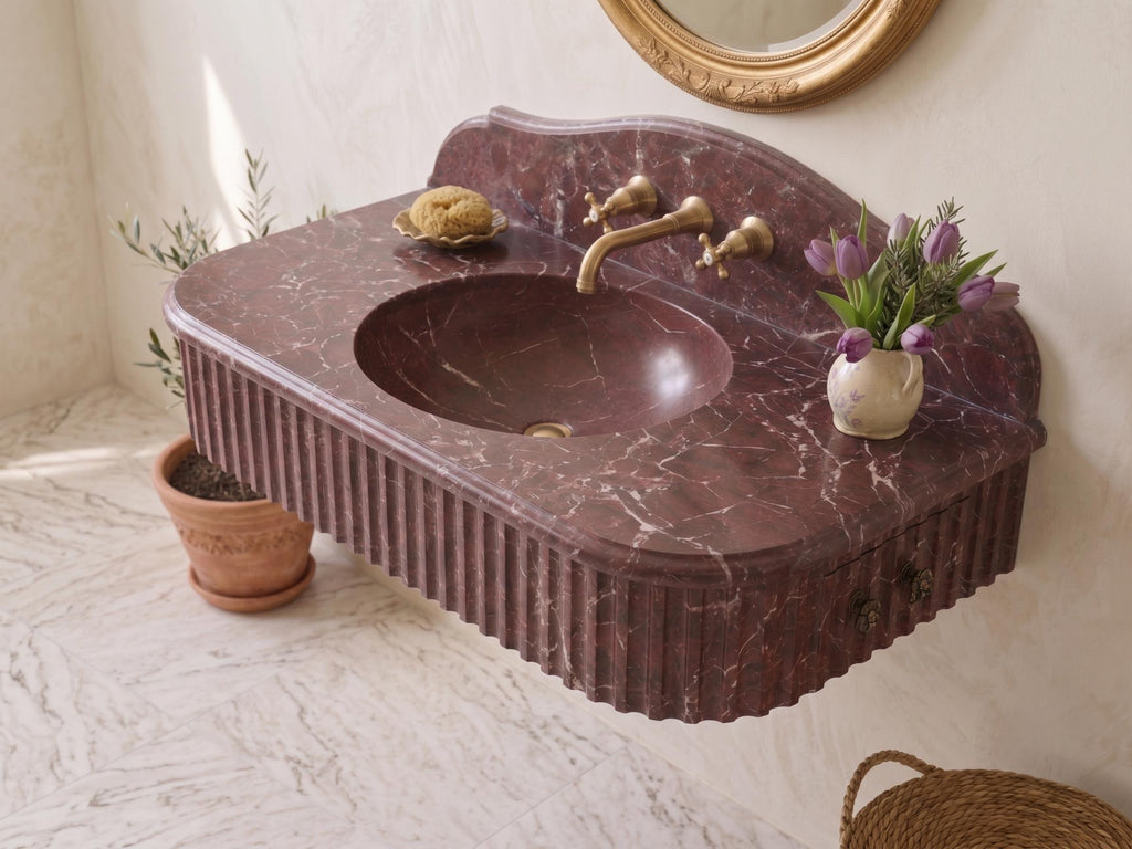 Rosso Levanto Marble Sink, Handcrafted Fluted Stone Vanity, Wall Mounted Basin
