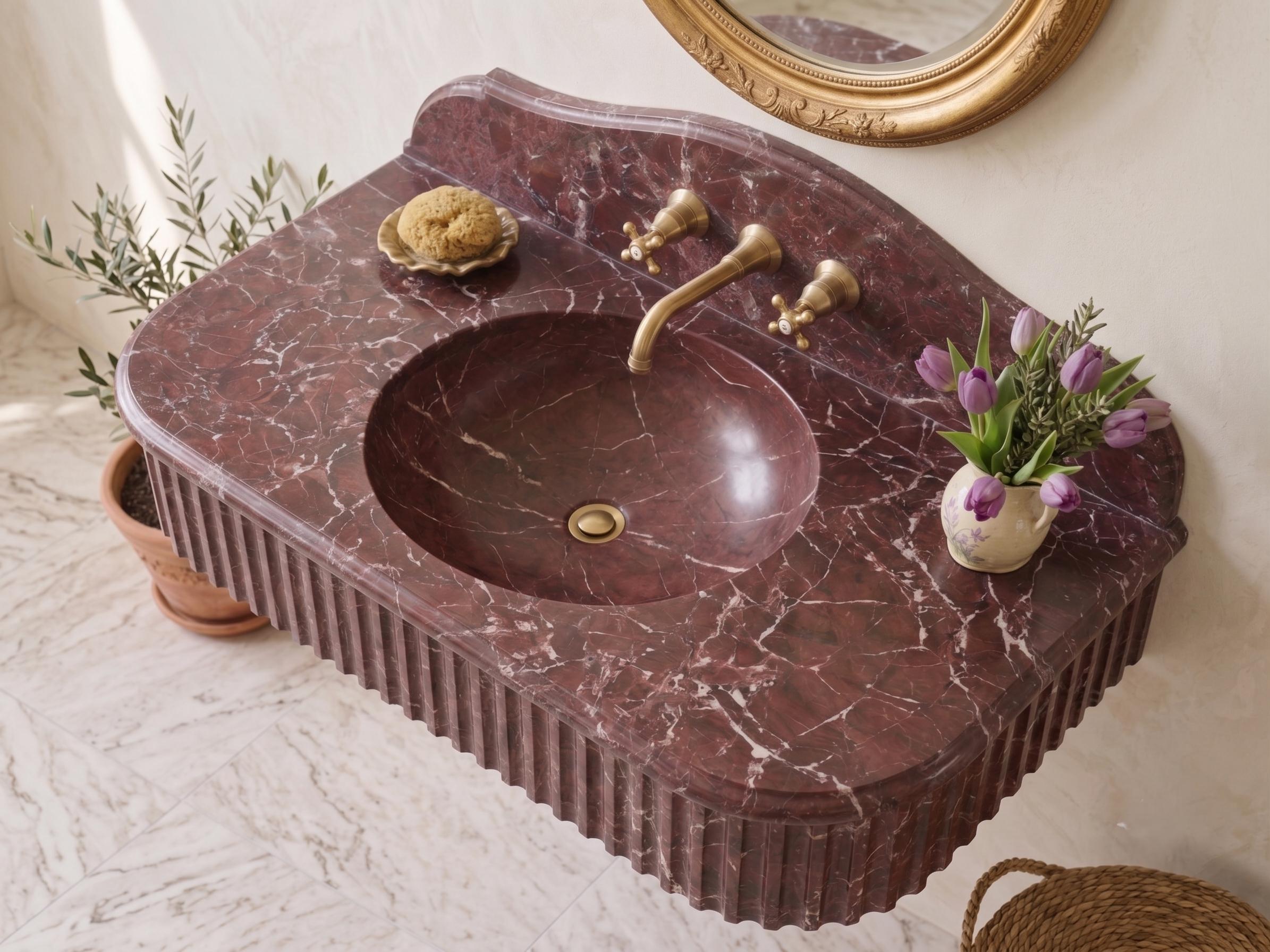 Rosso Levanto Marble Sink, Handcrafted Fluted Stone Vanity, Wall Mounted Basin