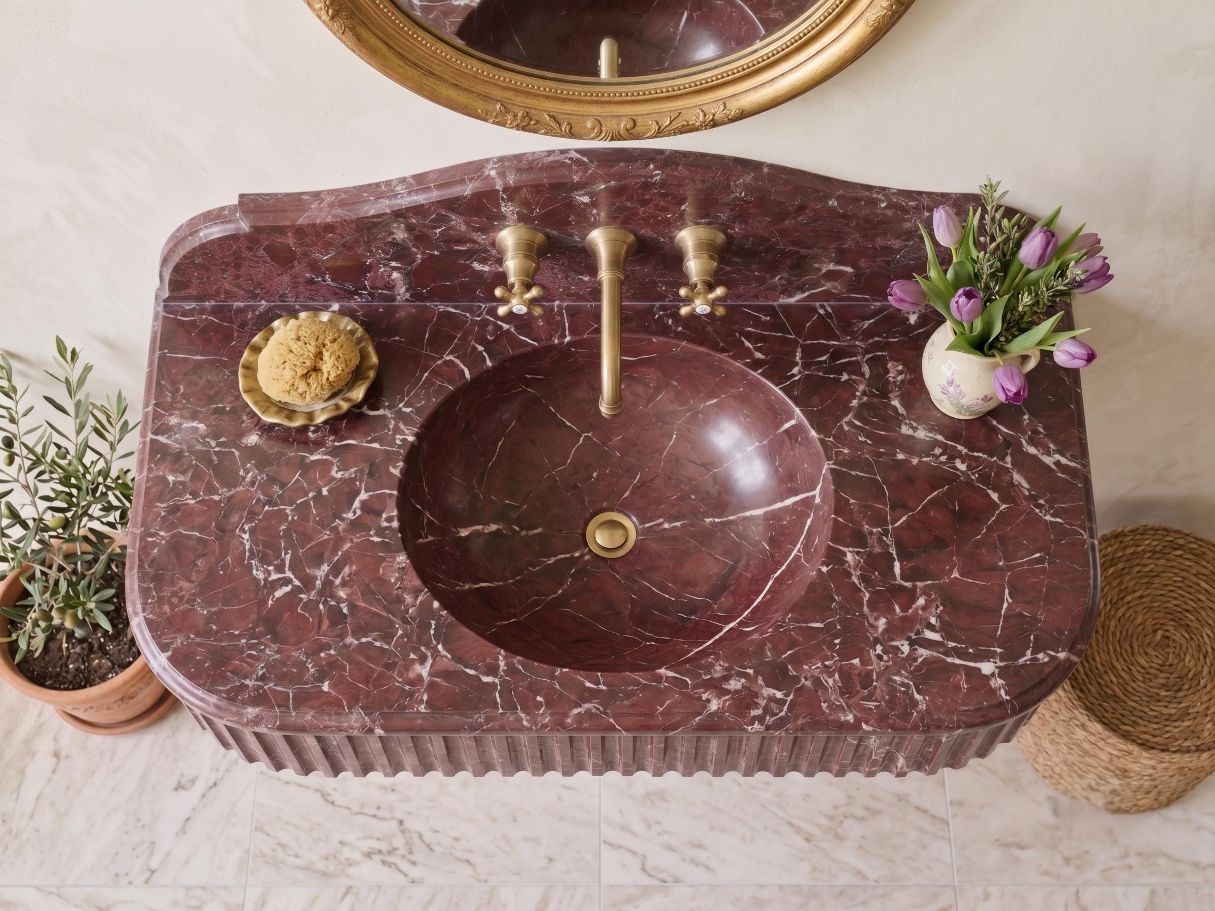 Rosso Levanto Marble Sink, Handcrafted Fluted Stone Vanity, Wall Mounted Basin