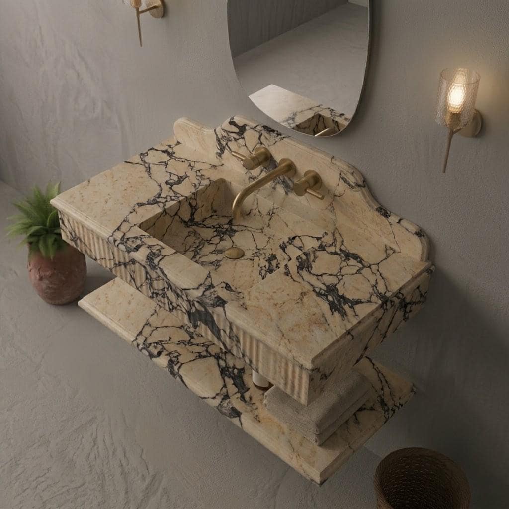 Calacatta Viola Marble Floating Sink, Custom Fluted Vanity, Wall Mounted Stone Basin