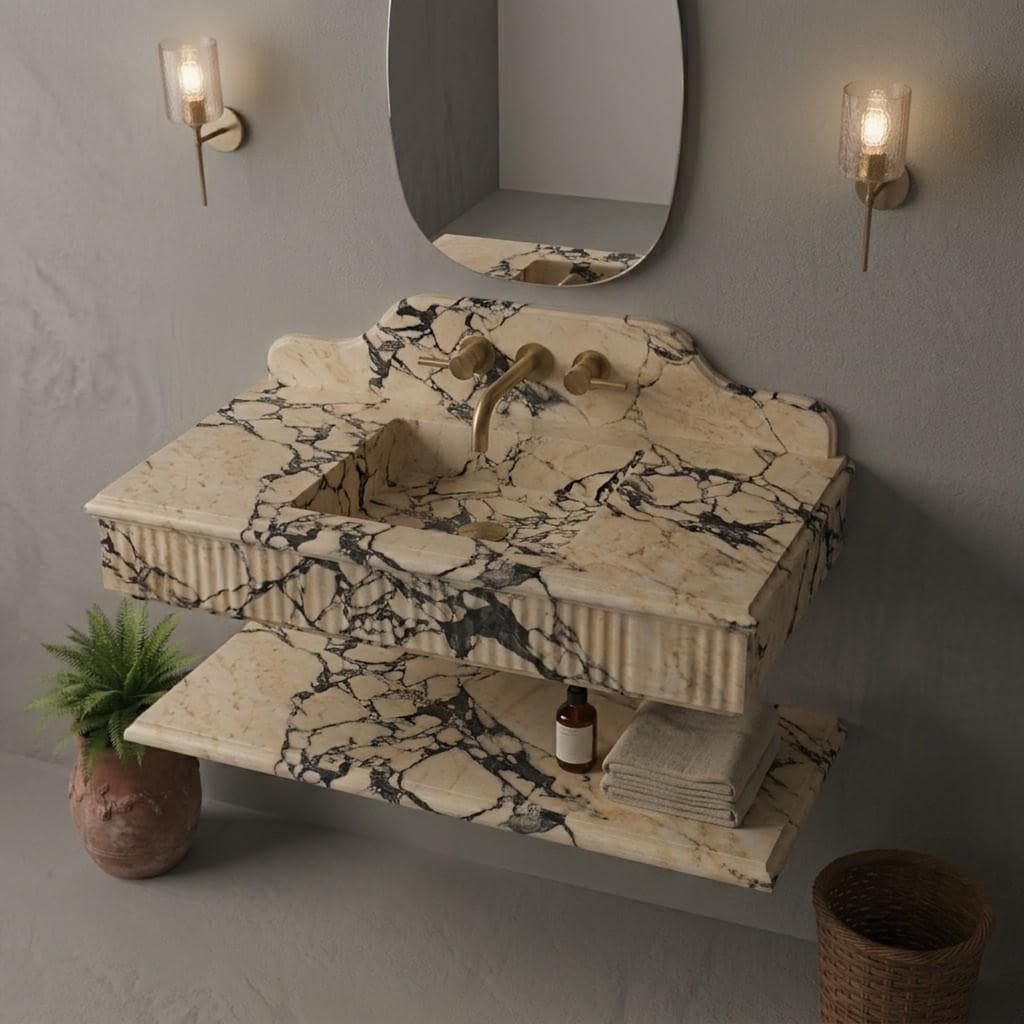 Calacatta Viola Marble Floating Sink, Custom Fluted Vanity, Wall Mounted Stone Basin