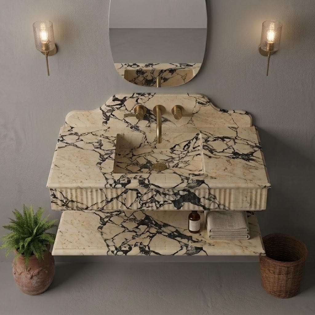 Calacatta Viola Marble Floating Sink, Custom Fluted Vanity, Wall Mounted Stone Basin