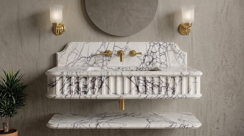 Turkish Lilac Marble Floating Sink with Shelf, Fluted Vanity, Gold Faucet