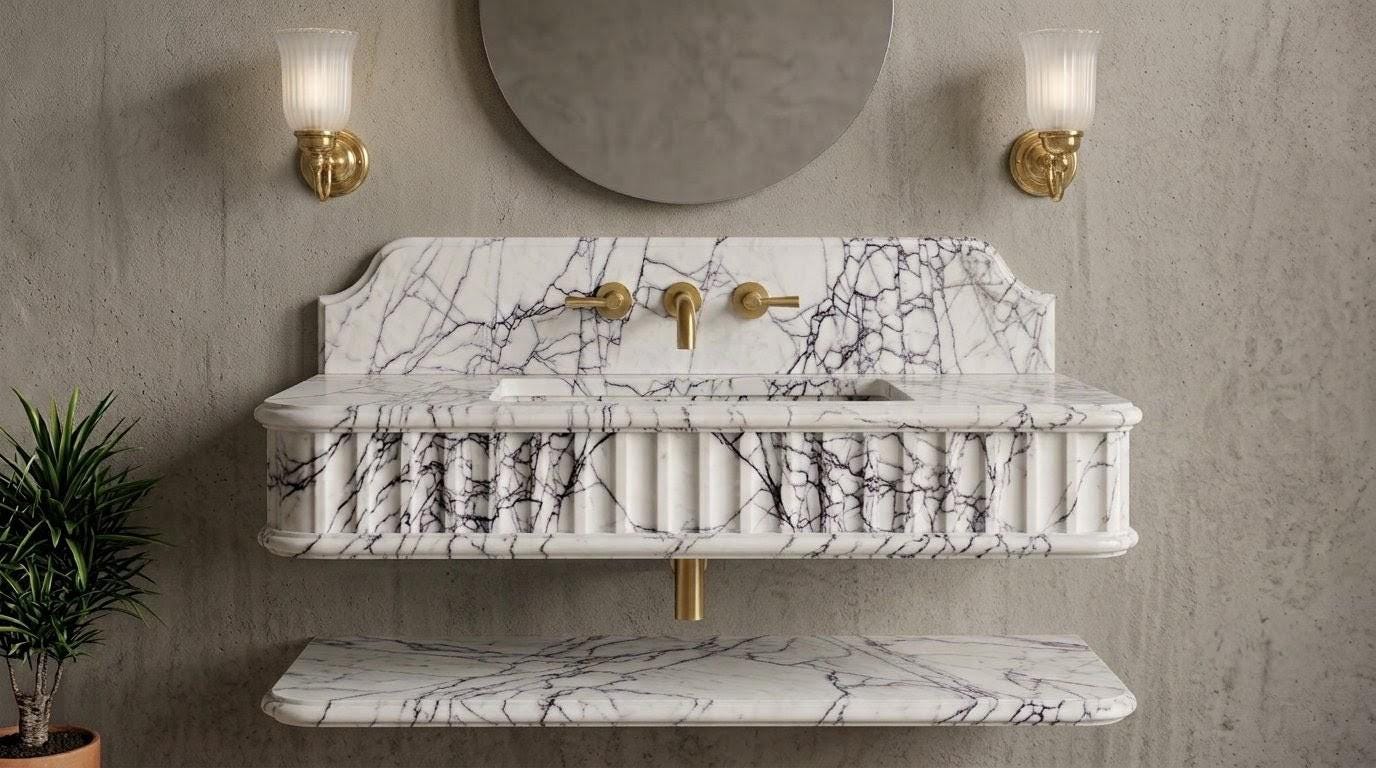 Turkish Lilac Marble Floating Sink with Shelf, Fluted Vanity, Gold Faucet