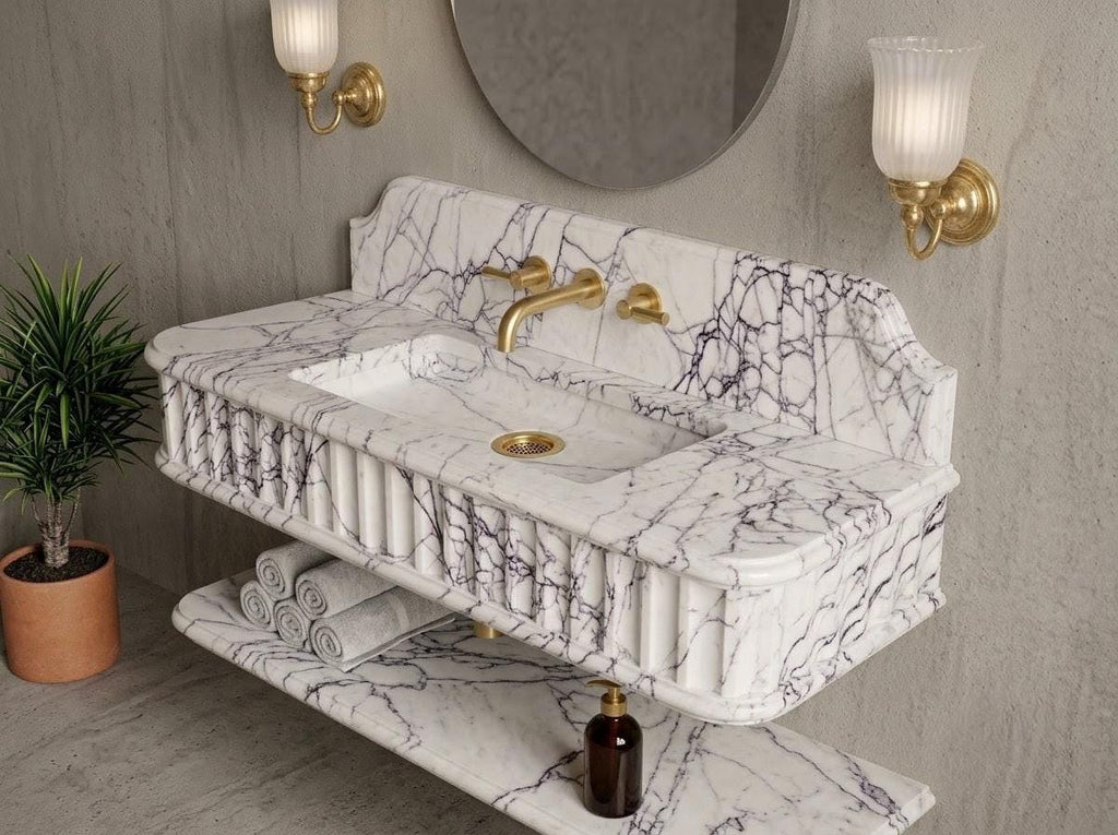 Turkish Lilac Marble Floating Sink with Shelf, Fluted Vanity, Gold Faucet