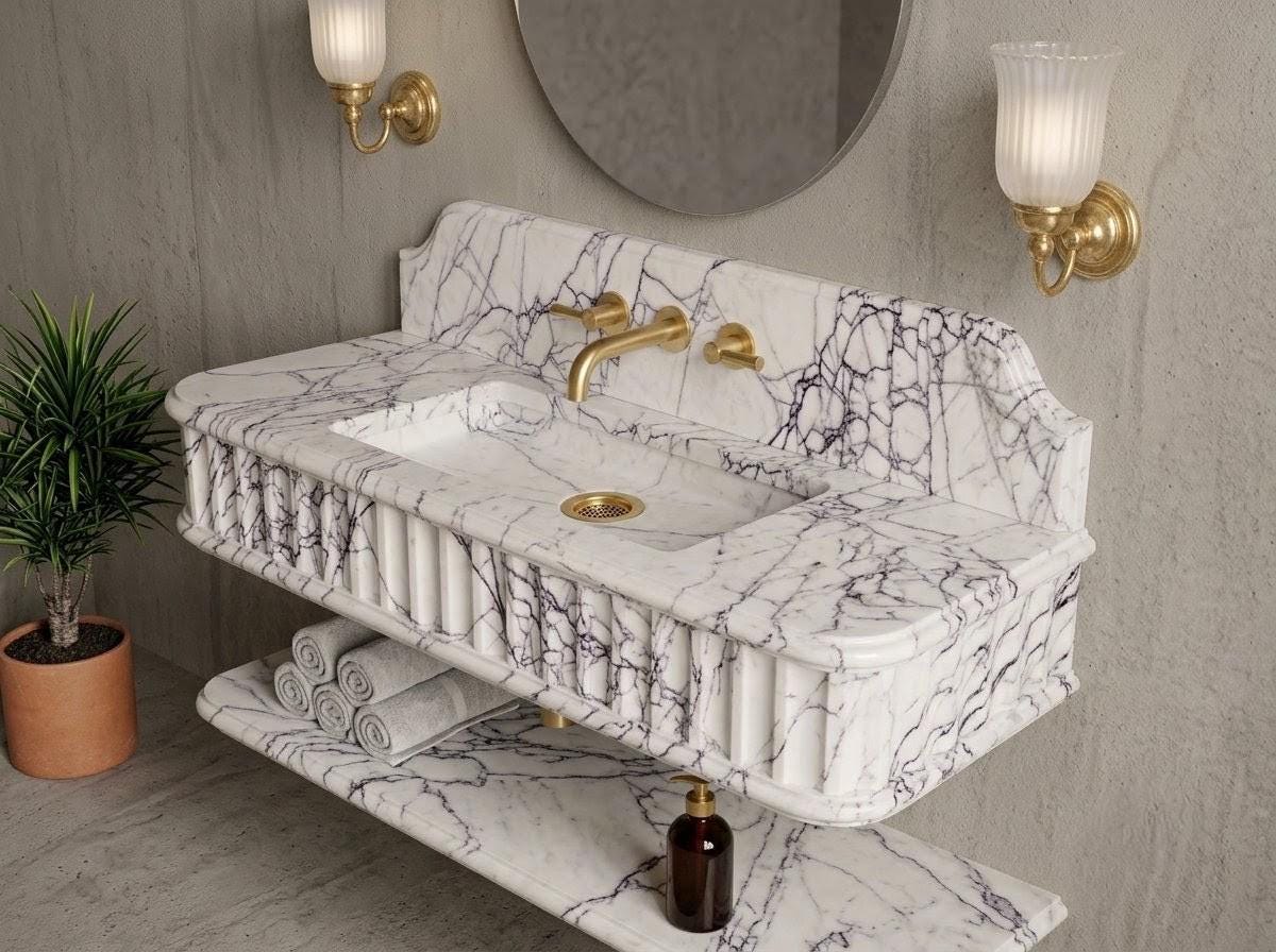 Turkish Lilac Marble Floating Sink with Shelf, Fluted Vanity, Gold Faucet