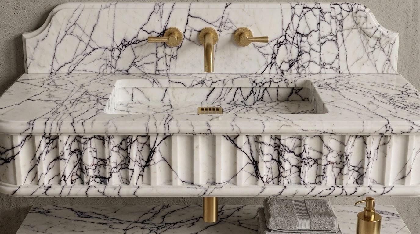 Turkish Lilac Marble Floating Sink with Shelf, Fluted Vanity, Gold Faucet