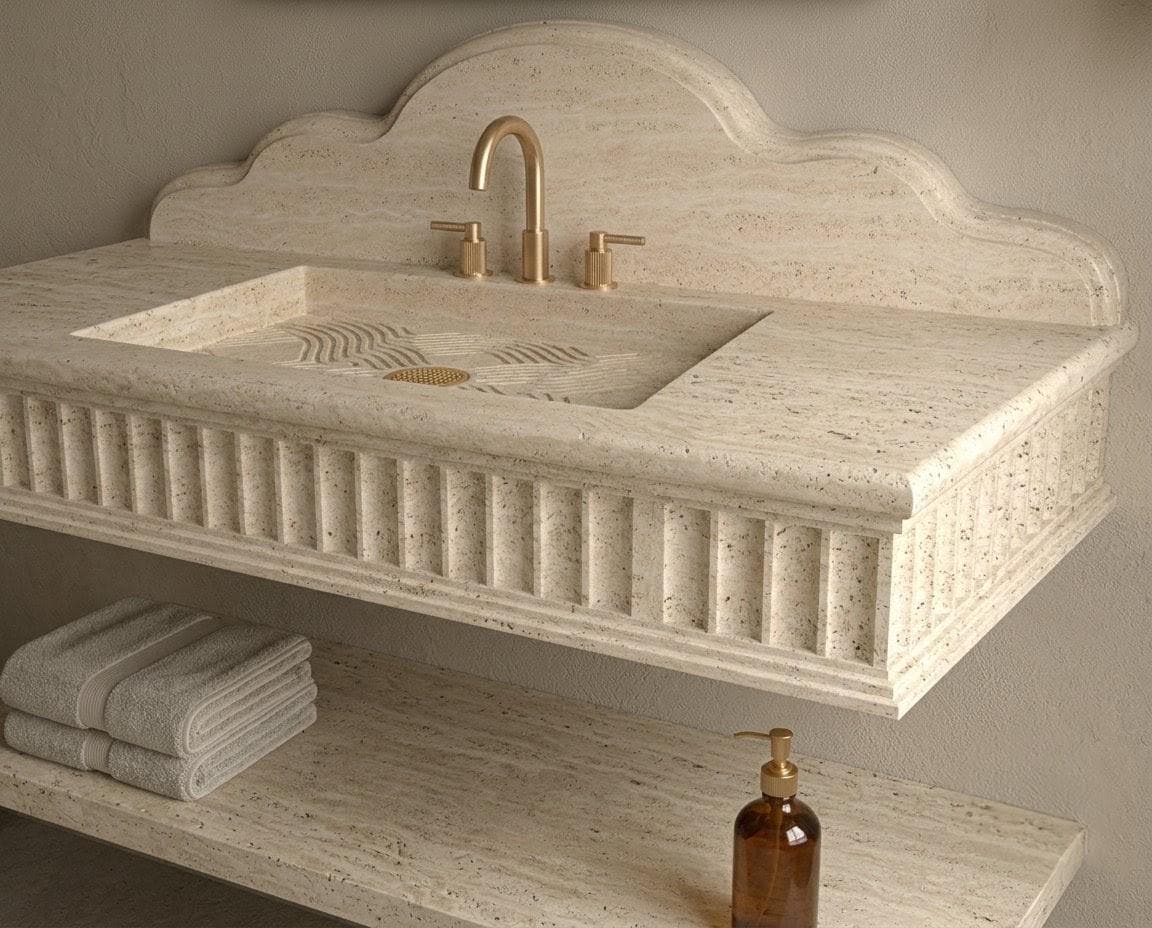 Handcrafted Travertine Vanity | Fluted Stone Basin, Cumulus Backsplash, Floating Shelf