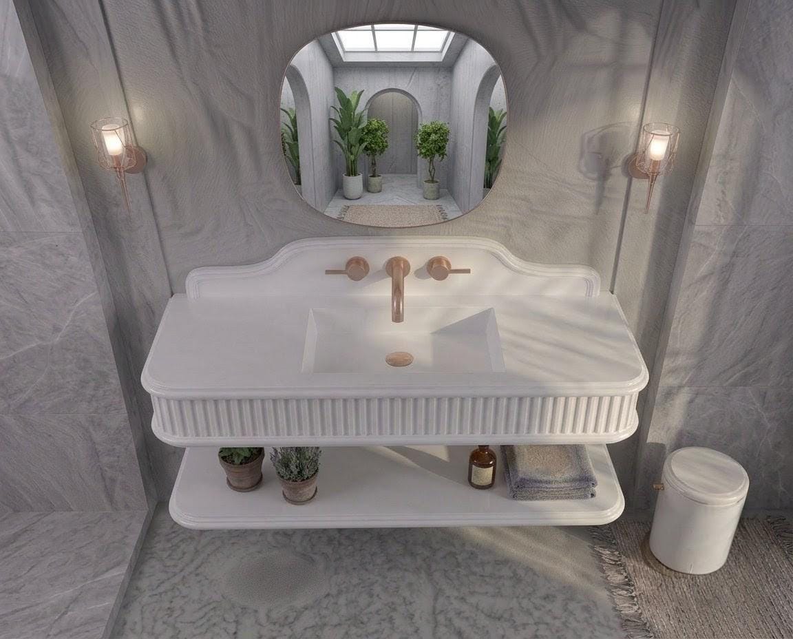 White Marble Fluted Vanity Sink, Floating Stone Basin, Modern Classic Bathroom Washbasin