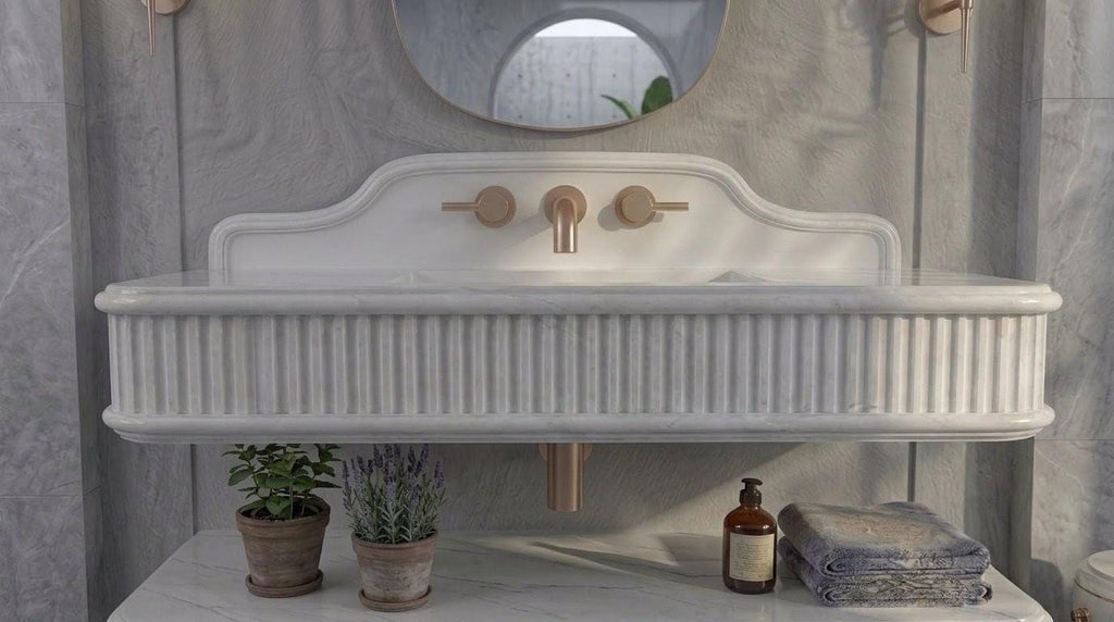 White Marble Fluted Vanity Sink, Floating Stone Basin, Modern Classic Bathroom Washbasin