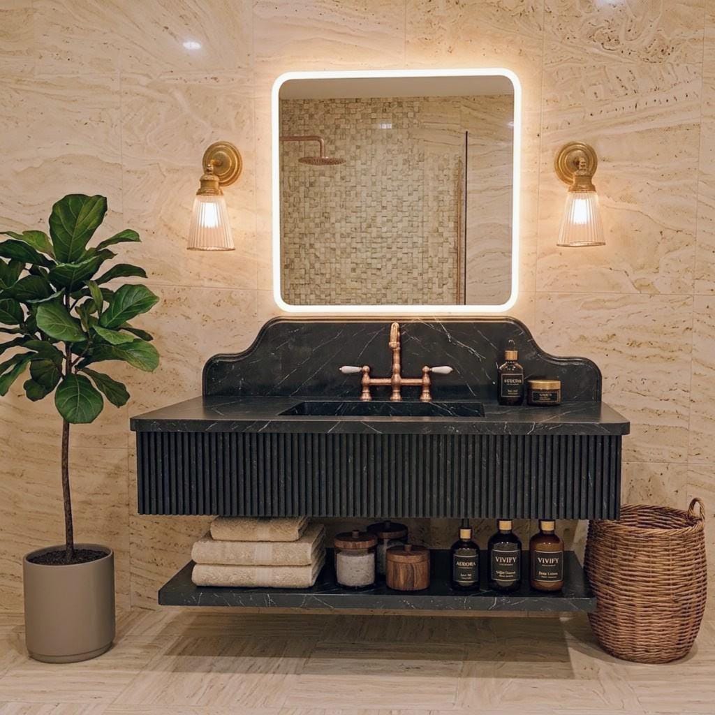 Alexander Black Marble Floating Sink, Fluted Vanity, Hand Carved Stone Washbasin